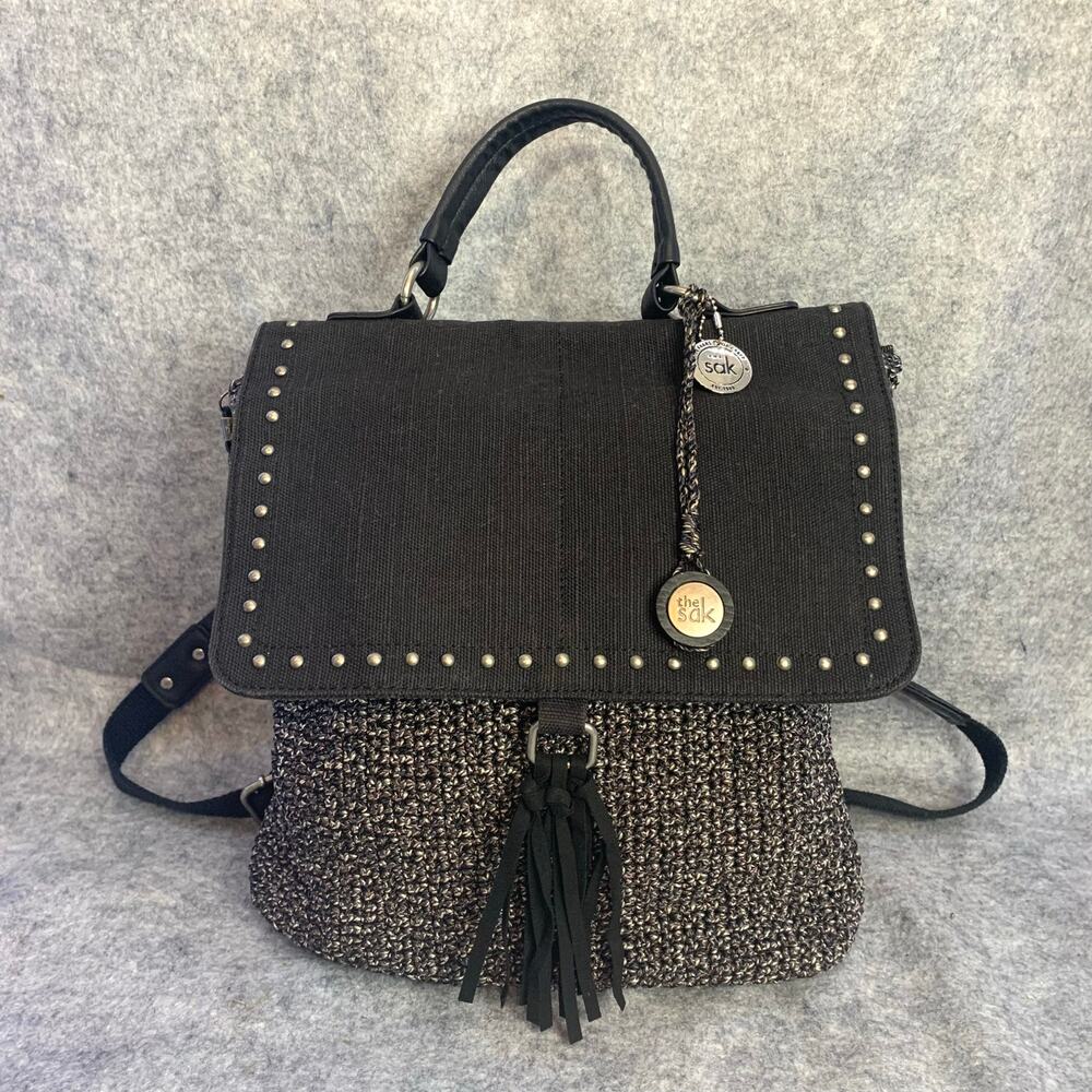 The Sak Ventura Crochet Backpack with Leather Straps, Crochet Boho Studs Fringe